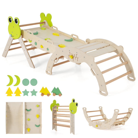 7-in-1 Triangle Set showing the climbing frame with ramp and various wooden shapes