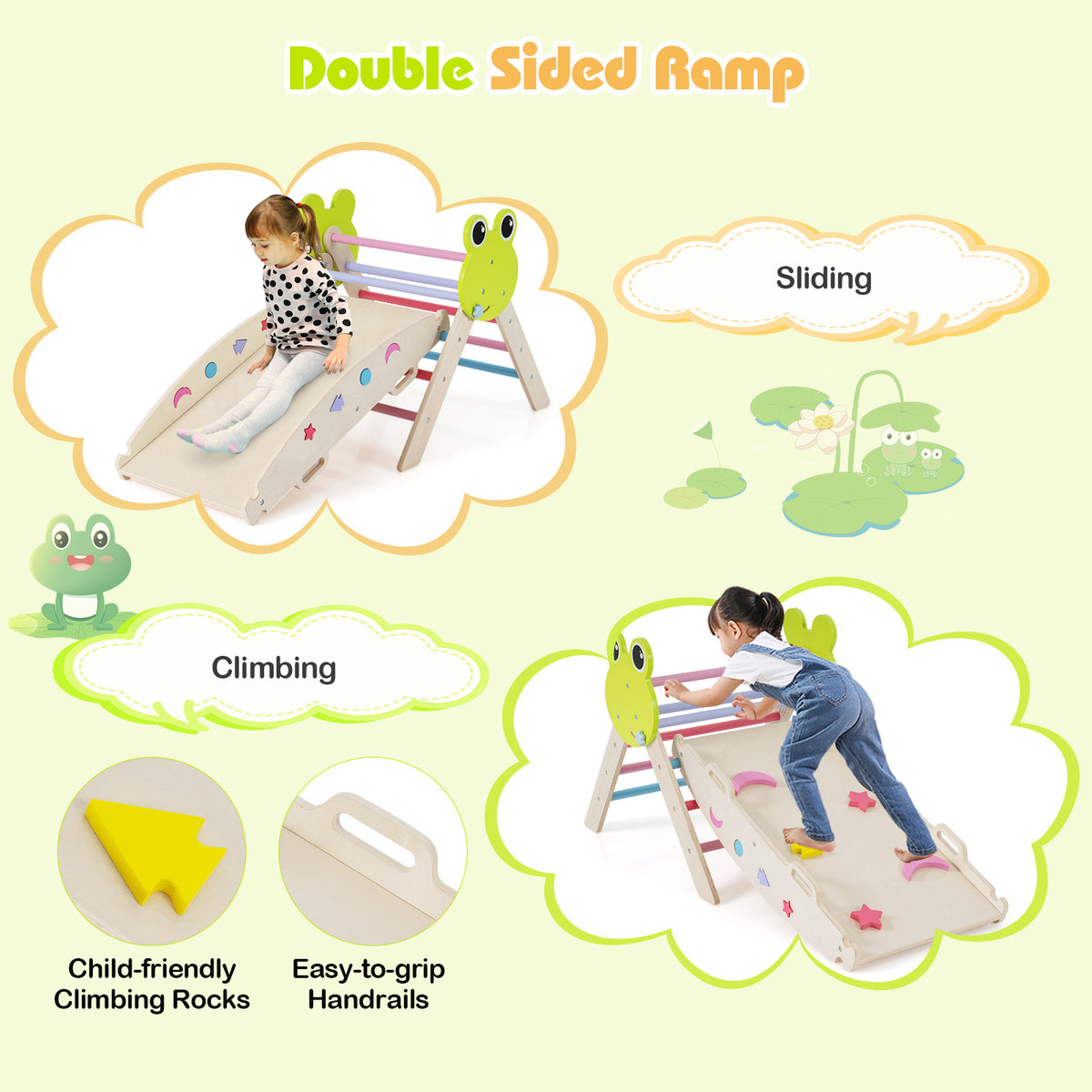 Close-up details of the double-sided ramp showing sliding and climbing functions for kids