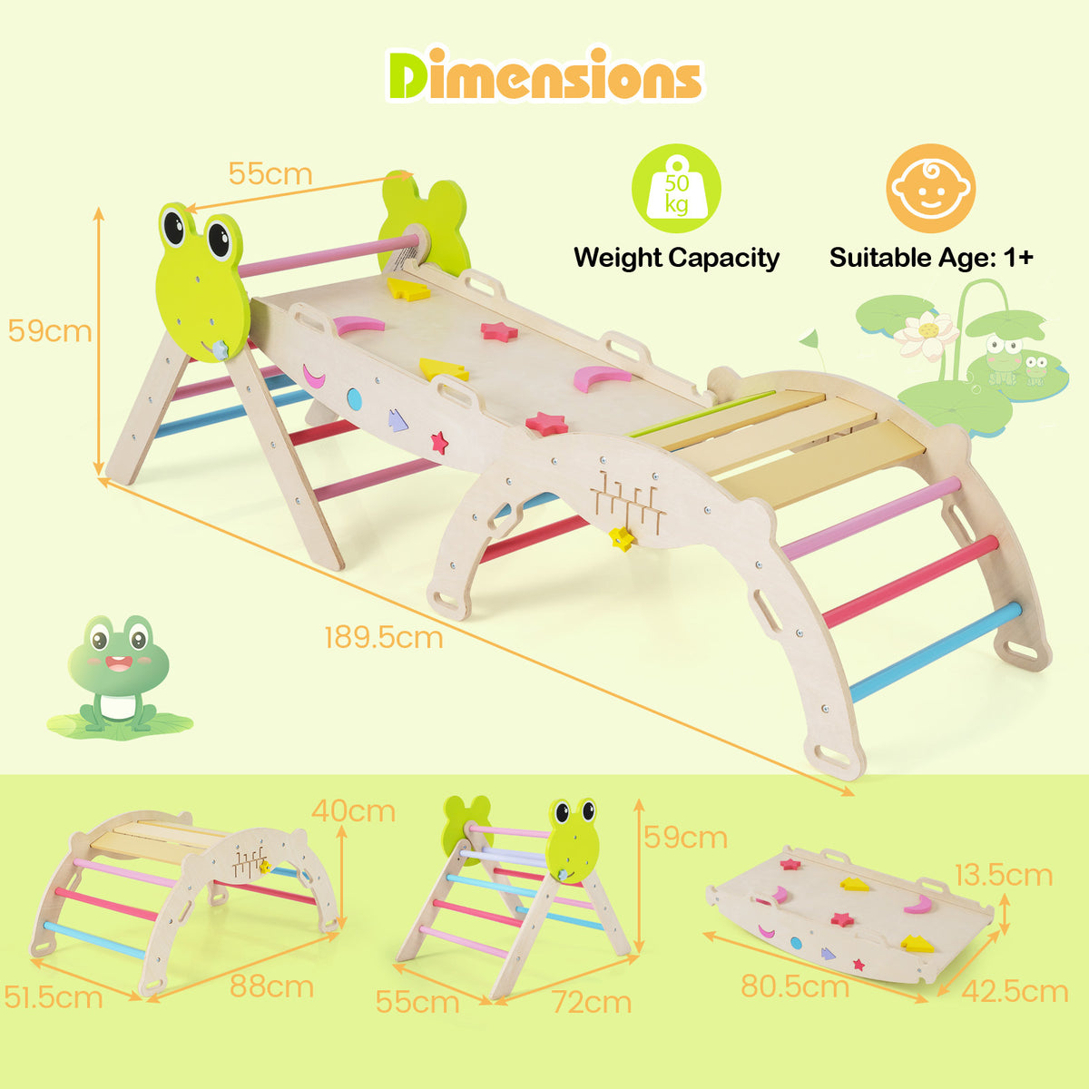 Technical diagram showing the dimensions of the wooden climbing frames and ramp components