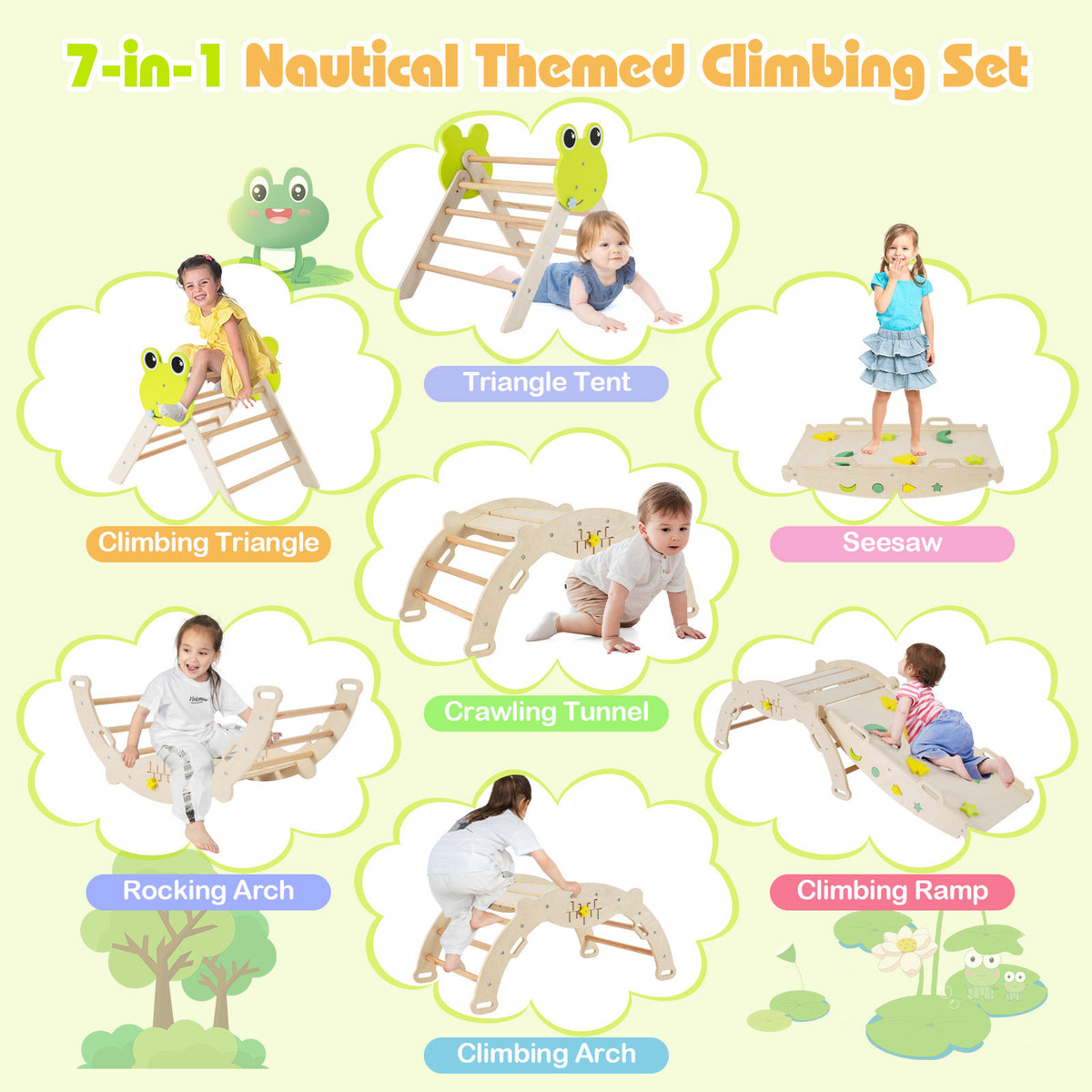The climbing frame shown in seven different configurations for active play