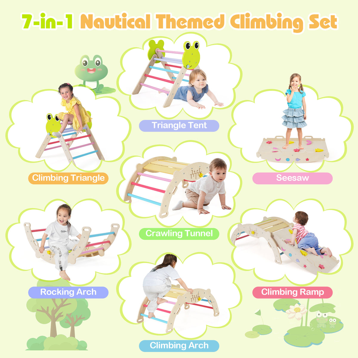Collage showing seven different ways to use the wooden climbing frames and ramp set