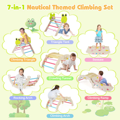 Collage showing seven different ways to use the wooden climbing frames and ramp set
