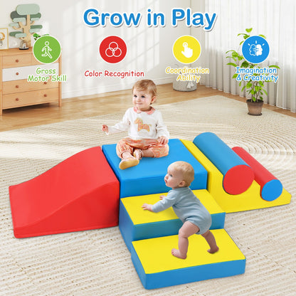A baby climbing the soft play sets in a room with a sofa and Christmas tree