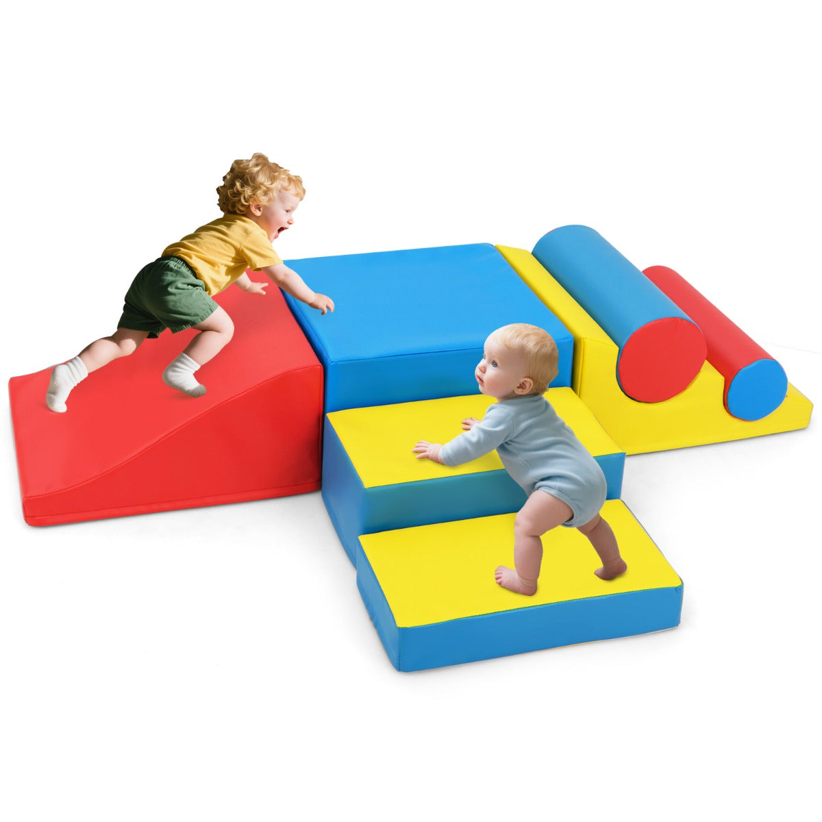 Two toddlers climbing on the soft play sets in a bright room