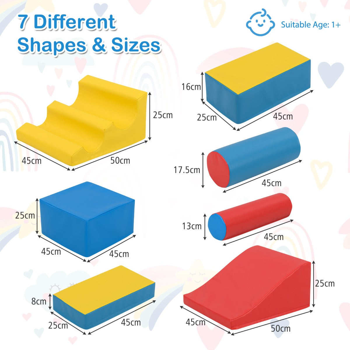 Diagram showing the 7 different shapes and sizes of the soft play set pieces