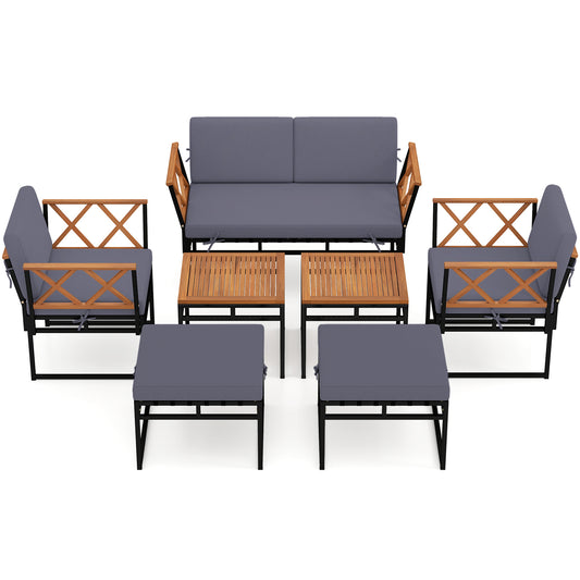 7 Piece Outdoor Conversation Set with Ottomans for Porch arranged on a plain white background