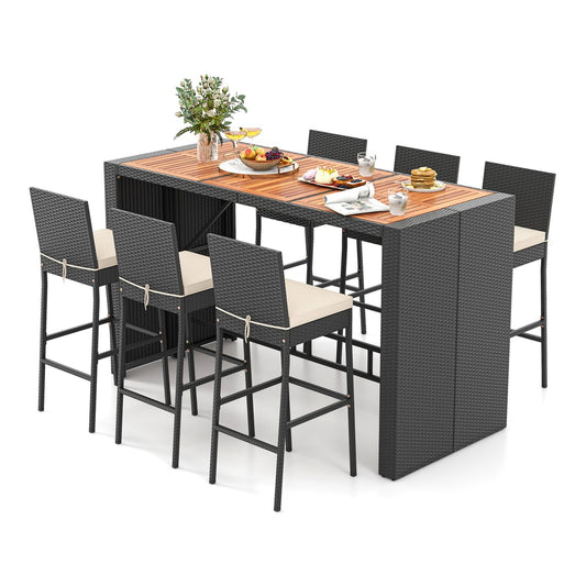 7-Piece Patio Bar Dining Set PE Rattan Furniture Set with a wooden table and six stools