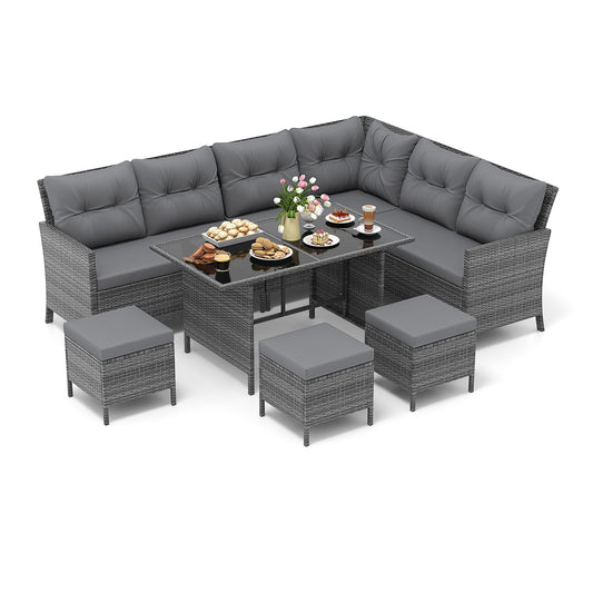 7 Pieces Patio Dining Furniture Set grey rattan corner sofa with glass topped table and four stools