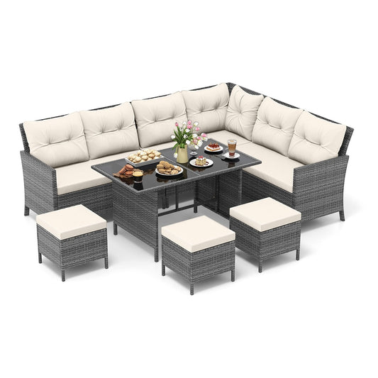 7 Pieces Patio Dining Furniture Set with off white cushions and a glass top table on a white background