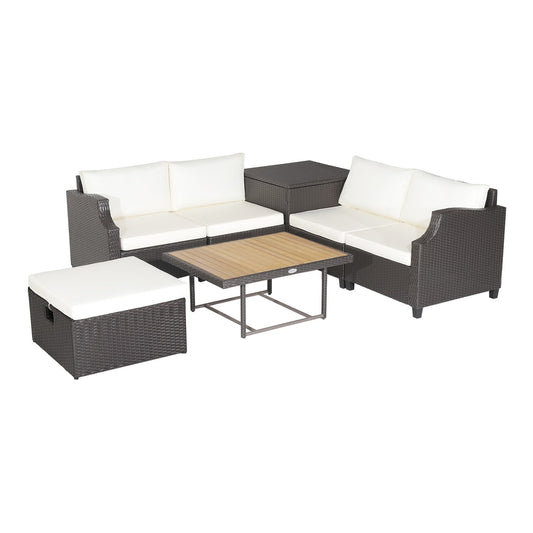 7 Pieces Patio Outdoor Hand-Woven PE Wicker Furniture Set-Off white cushions and dark brown frame