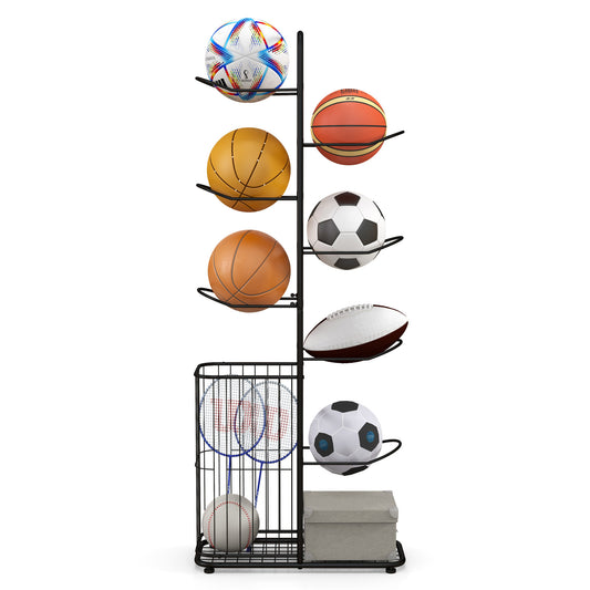 7-Tier Ball Storage Rack with removable hanging rods and side basket, showing all its storage tiers and basket