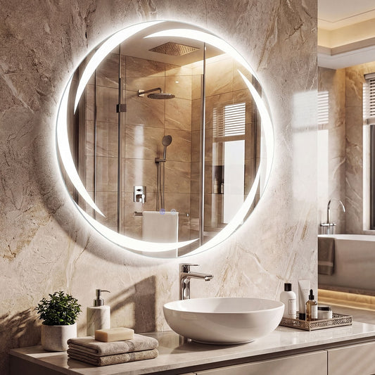 The round LED bathroom mirror with memory function is lit up and mounted above a sink on a marble countertop