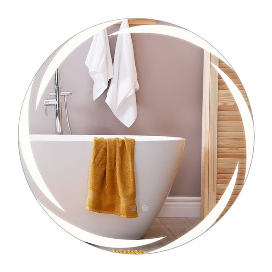 70 cm Round LED Bathroom Mirror with Memory Function illuminated in a bathroom setting next to a bathtub