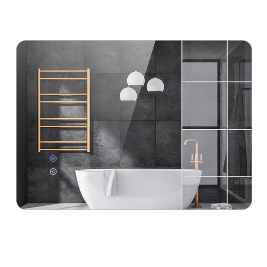 Rectangle LED Lighted Mirror with a modern bathroom setting featuring a bathtub and shower