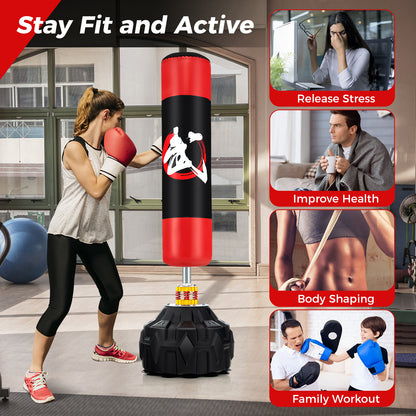 The punching bag shown in a lifestyle setting with text about fitness benefits