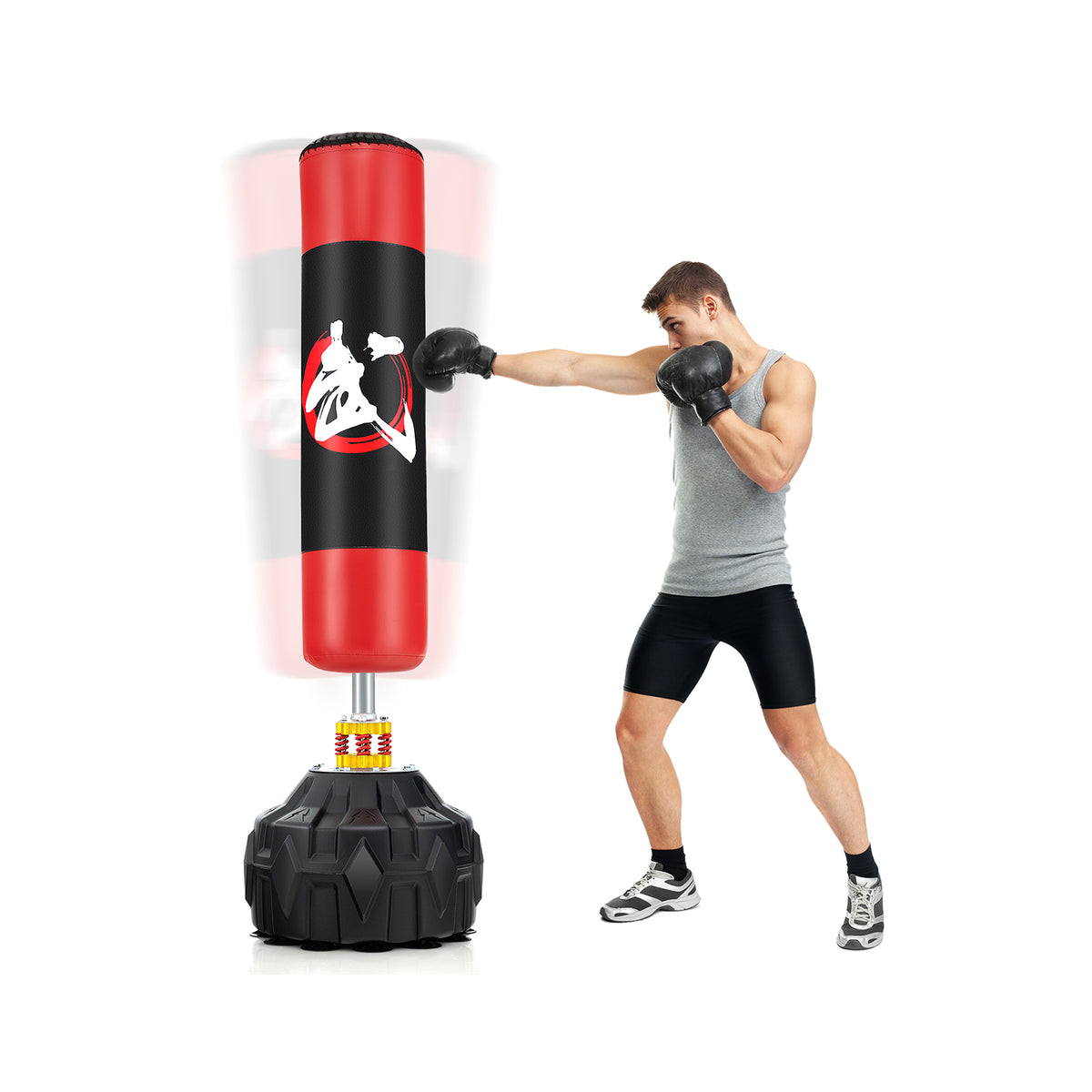 70 Inches Freestanding Punching Bag with Fillable Base in red and black with a person punching it