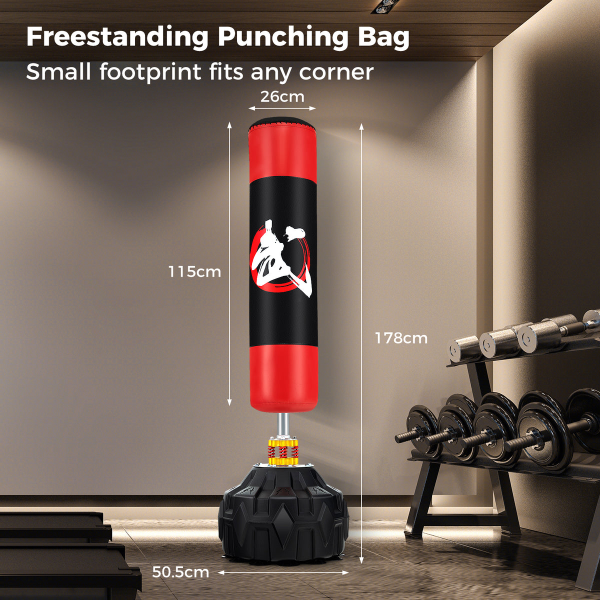 The freestanding punching bag with dimensions shown in a room with weights