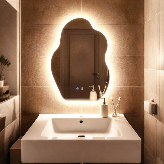 The bathroom mirror with warm glowing light installed in a tiled room above a white basin