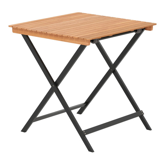 70CM Patio Folding Table with a slatted wooden top and black metal cross legs