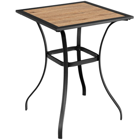 70cm Patio Square Bar Table with a wooden effect top and black metal legs