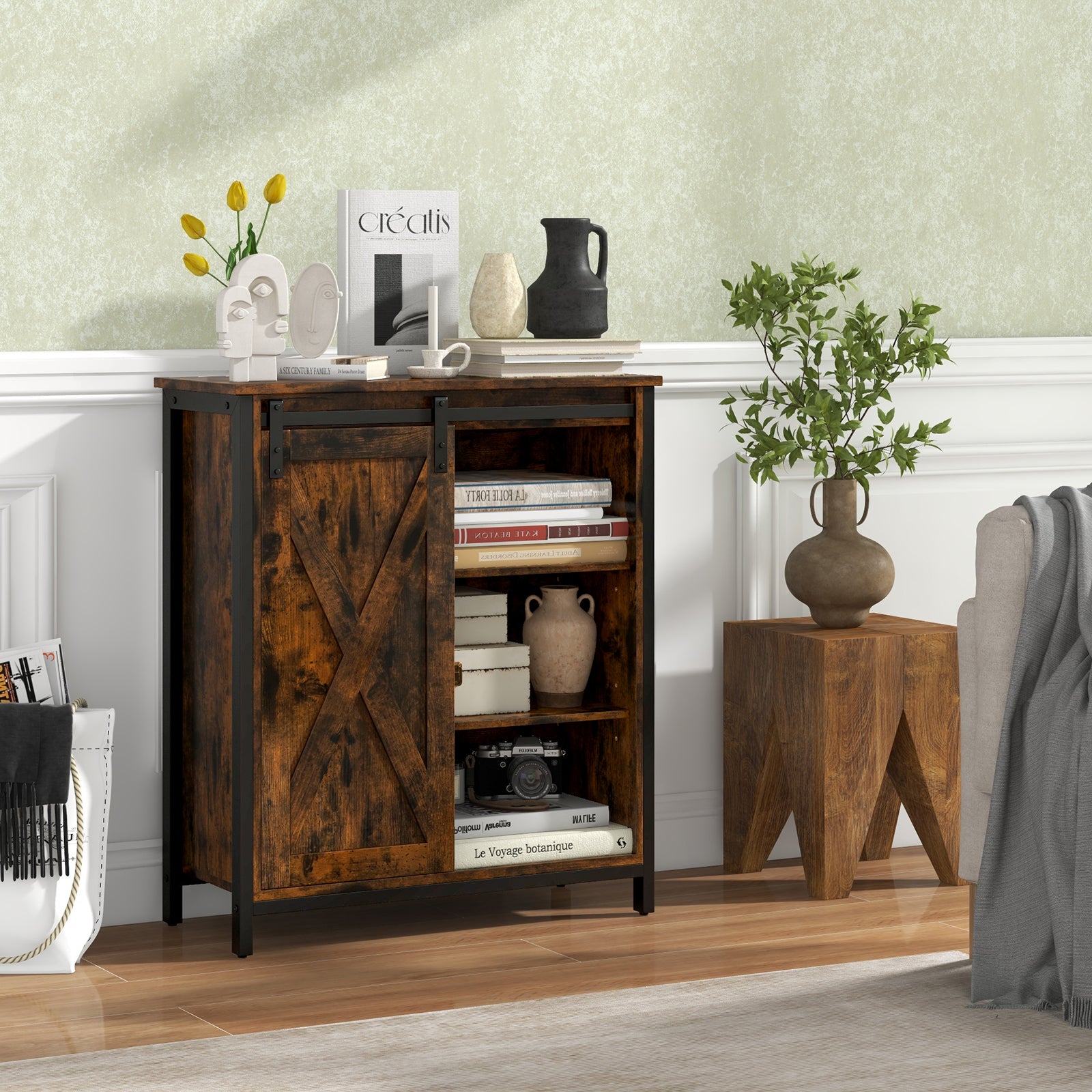 70cm Farmhouse Accent Storage Cabinet Rustic Sideboard Buffet Cabinet-Rustic Brown