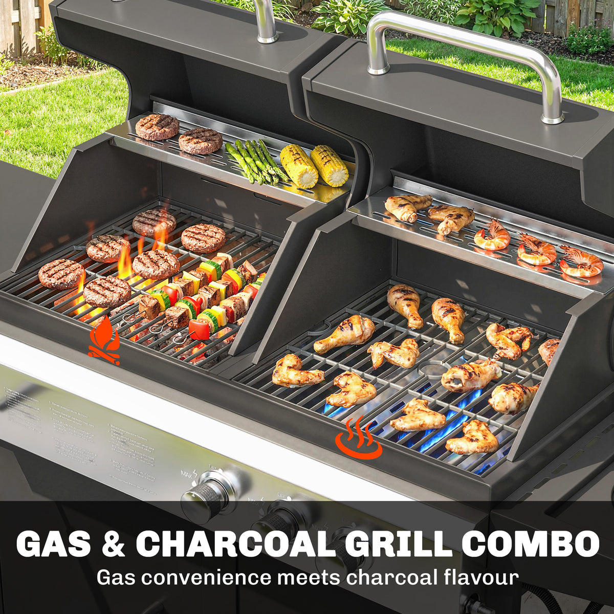 Outsunny 2+1 Burner Hybrid Dual Fuel BBQ Gas Grill in Black