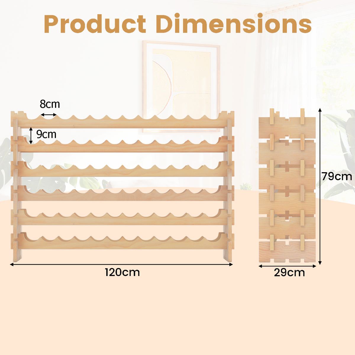 72 Bottles Wine Rack 6-Tier Stackable Wine Storage Stand with Solid Wood Frame-Natural