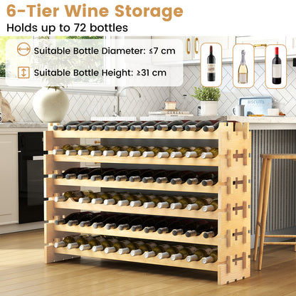 72 Bottles Wine Rack 6-Tier Stackable Wine Storage Stand with Solid Wood Frame-Natural