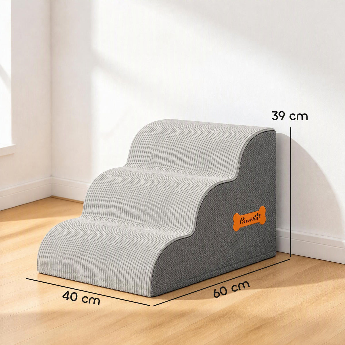 PawHut Dog Steps for Bed and Sofa, 3-Step Non-Slip Dog Stairs with Removable Washable Cover, Carry Handle, Light Grey