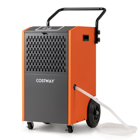 73 L/Day Commercial Dehumidifier with Drain Hose and Timer in orange and grey with wheels