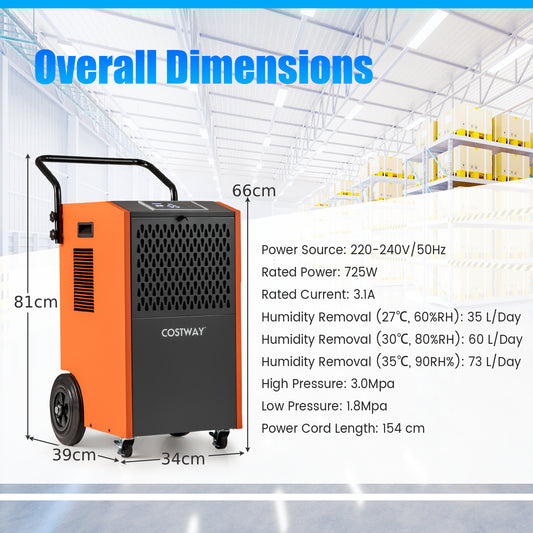 The industrial dehumidifier shown with height and width measurements against a warehouse background