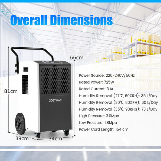 Commercial dehumidifier showing overall dimensions and power source details