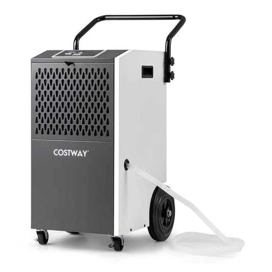 73 L/Day Commercial Dehumidifier with Drain Hose and Timer white front view with wheels and drain hose attached