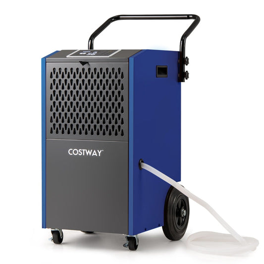 73 L/Day Industrial Dehumidifier with Drain Hose and Timer in blue and grey with a drain hose attached
