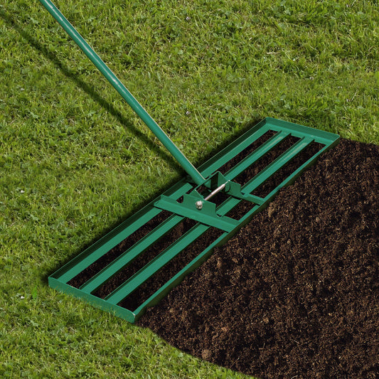 The lawn care tool resting on a patch of grass and soil to show its flat base design