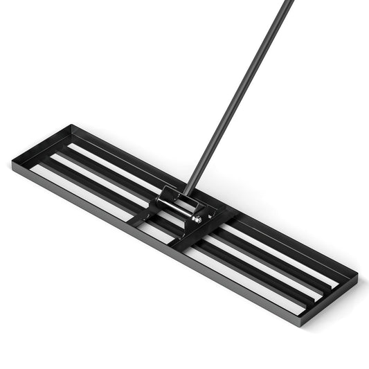 75/91/106 x 25cm Lawn Leveling Rak with a flat black metal head and long handle
