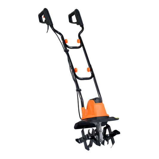 750W Powerful Foldable Garden Rototiller for Lawn Soil Digging, an orange and black electric tiller with its tines lowered
