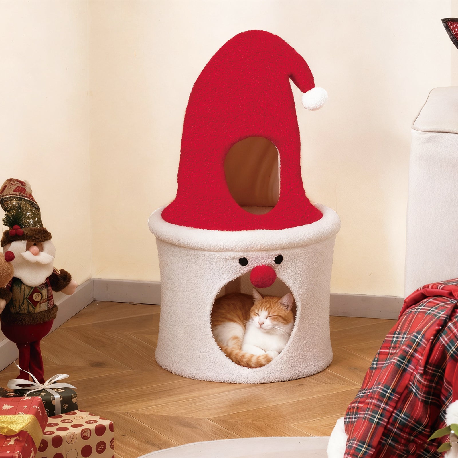 75CM Modern Cute Cat Tower with Enclosed Padded Top Perch and Condo-White & Red