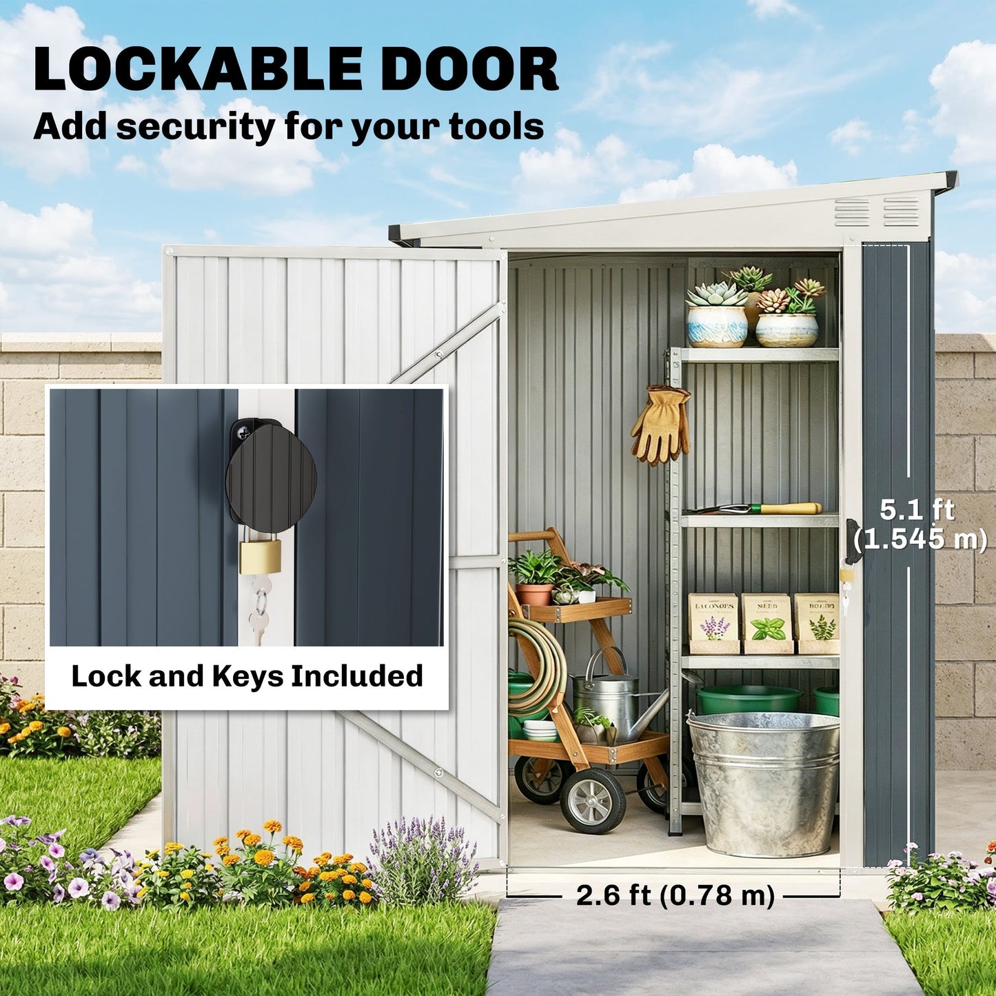 Outsunny 4 x 6ft Lean to Garden Metal Shed, Outdoor Storage Shed with Window, 2 Vents and Lockable Door for Patio, Dark Grey