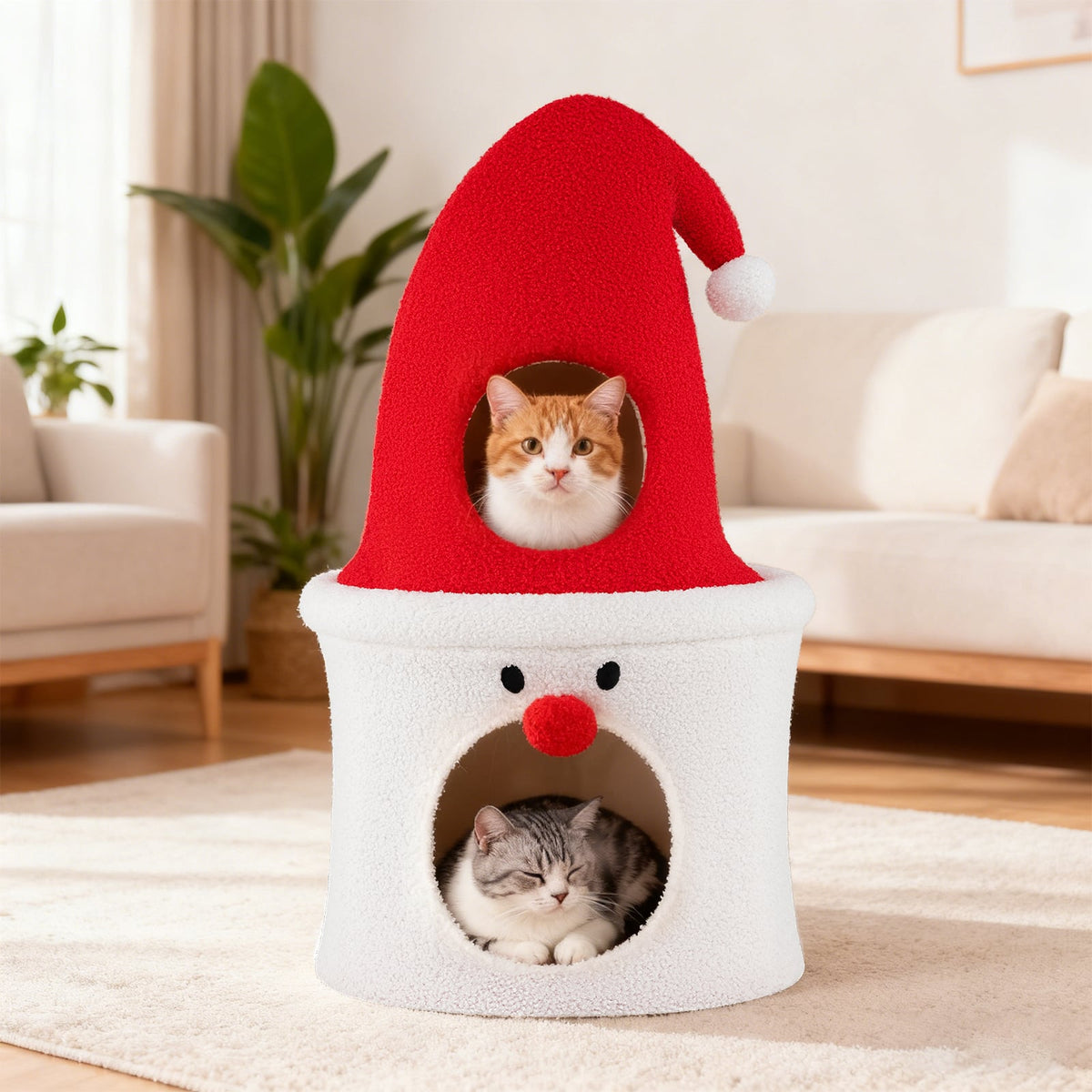 This cute cat tower has a red Santa hat top and two openings for pets