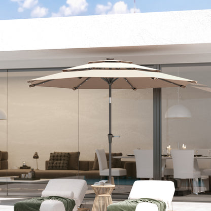Outsunny 3-Tier Garden Parasol with Solar LED Lights, UPF 30+, Tilt Mechanism & Crank Handle, for Market Terrace, Khaki