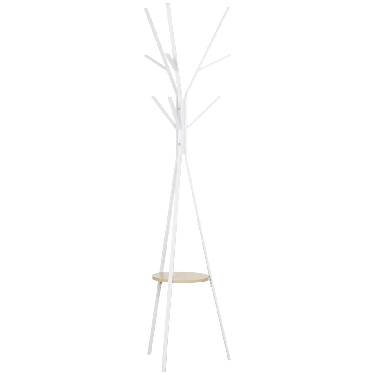 HOMCOM Freestanding Metal Coat Rack Stand 9 Hooks Clothes Tree with 1 Shelf Hat Display Hall Tree Hanger Bag Umbrella Hanging Organiser White