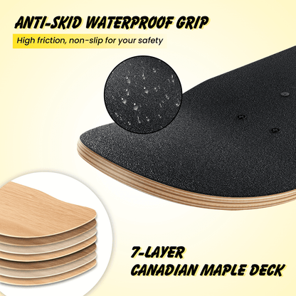 Close-up of the grip tape and layered deck construction of the black cruiser skateboard