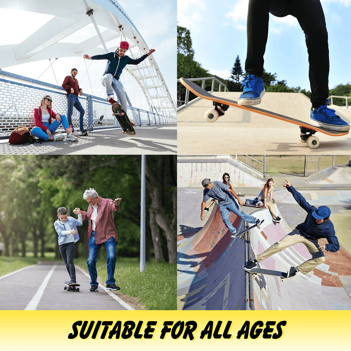 Children and adults enjoying the black cruiser skateboard in various outdoor settings