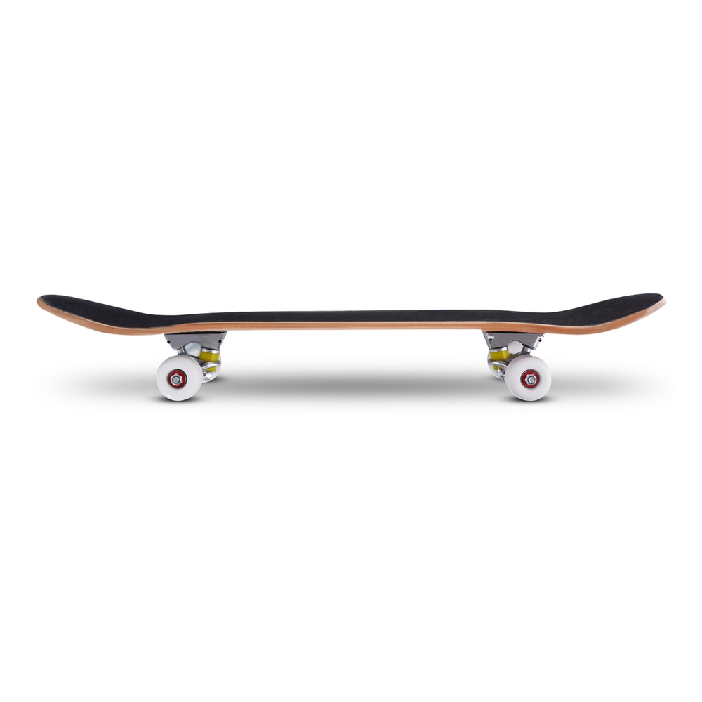 Side view of the black cruiser skateboard showing its deck and wheels
