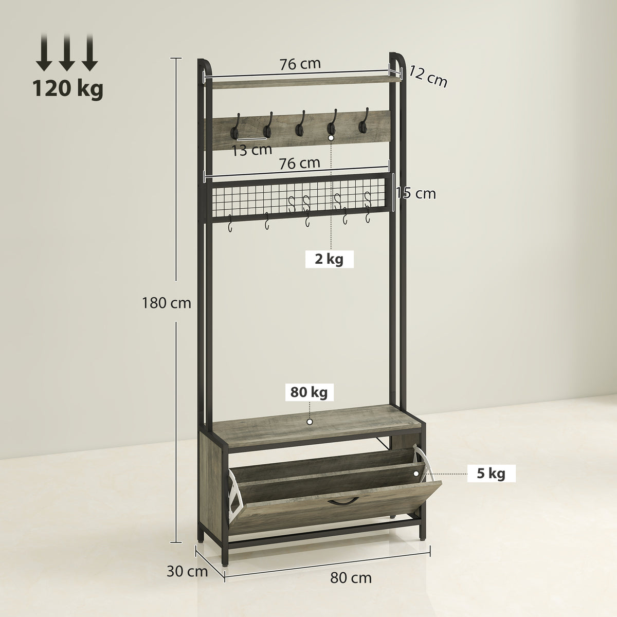 HOMCOM 5-In-1 Industrial-Style Hallway Tree in Grey and Black