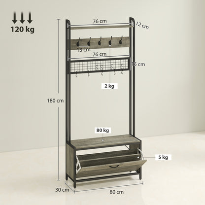 HOMCOM 5-In-1 Industrial-Style Hallway Tree in Grey and Black