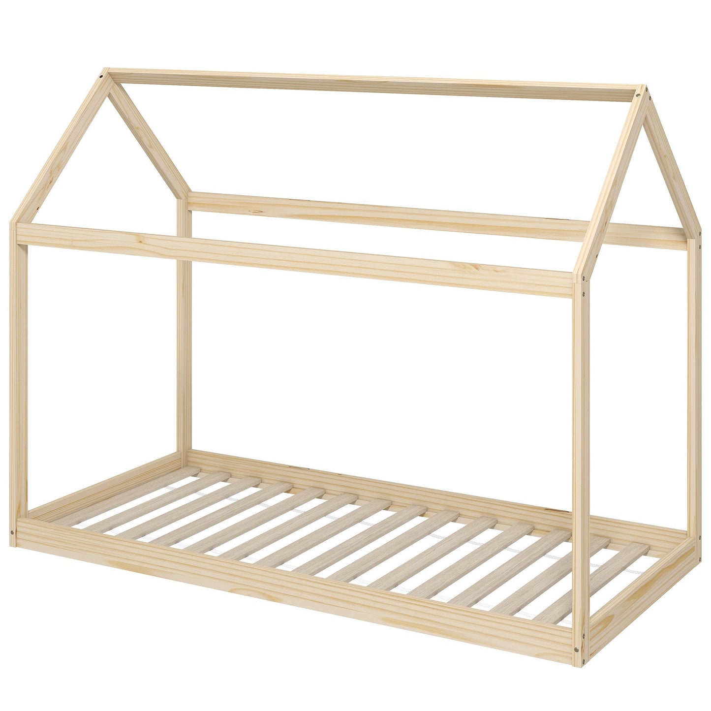 HOMCOM Single Bed Frame, House Scandinavian Wooden Bed Frame for 90W x 190Dcm Mattress, Pine Wood Bed Base, Natural Wood Finish