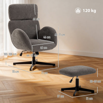 HOMCOM Swivel Armchair and Footstool Set, Height Adjustable Accent Chair with Adjustable Headrest, Rocking Function, Grey