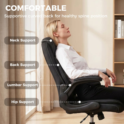 HOMCOM Linen-Look Computer Desk Chair, Executive Office Chair with Flip-Up Armrests and Thick Cushion, Black
